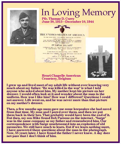 Photos of Thomas D. Curry, Henri-Chapelle American Cemetery, Purple Heart Certificate, with acdcompanying text.