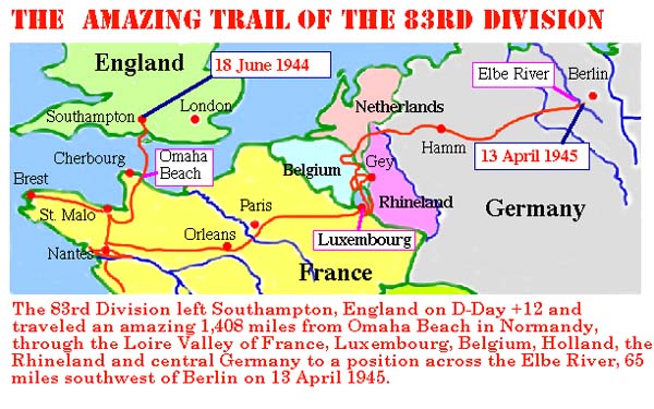 Route of the 83rd Division from Normandy to Central Germany.